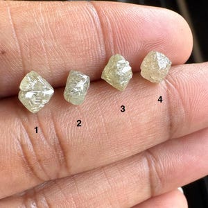 May include: Four rough diamonds, numbered 1 to 4, in a hand. The uncut gemstones are a pale yellow-green hue, with a natural, textured appearance. The diamonds vary in size and shape, highlighting their raw, unpolished beauty.