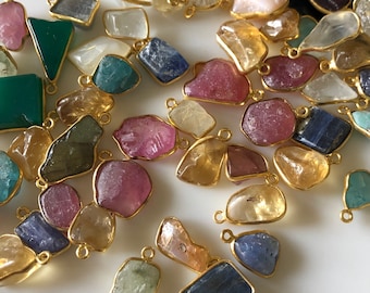 10 Pcs 9-12mm Multi Gemstone Raw Rough Connector Charms 925 Sterling Silver Gold Plated  Single Bail Bezel Gemstone Connector Charm, GDS1772