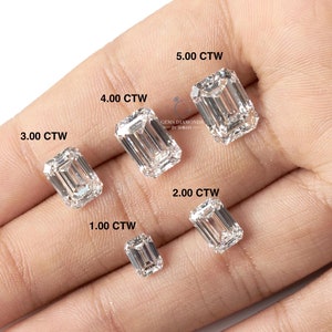 May include: A collection of emerald-cut diamonds of varying sizes, ranging from 1.00 CTW to 5.00 CTW. The diamonds are displayed on a light-colored surface, showcasing their clarity and brilliance. The image includes text indicating the carat weight of each stone.