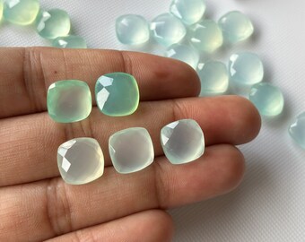 7 Pieces 10mm Natural Aqua Blue Chalcedony Cushion Shaped Both Side Faceted/Flat Back Rose Cut Loose Gemstones, Aqua Chalcedony Cushion BB51