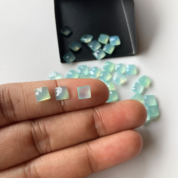 11 Pieces 5mm Aqua Blue Chalcedony Square Shaped Faceted Rose Cut Loose Cabochons, Aqua Chalcedony Flat Back Faceted Cabochon Square, CL98