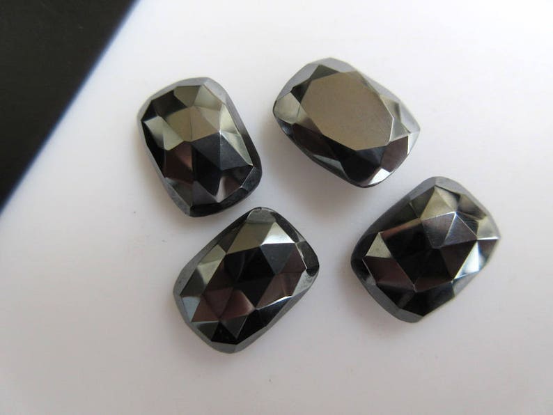 BB458 6 Pieces 14x10mm Calibrated Natural Hematite Cushion Shaped Rose Cut Cabochons Faceted Flat Back Hematite Loose Gem Stone