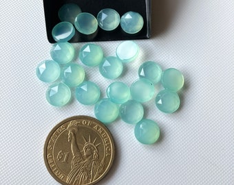 7 Pieces 7mm Aqua Chalcedony Round Shaped Faceted Flat Back Rose Cut loose, Natural Aqua Chalcedony Rose Cut Cabochon, C4
