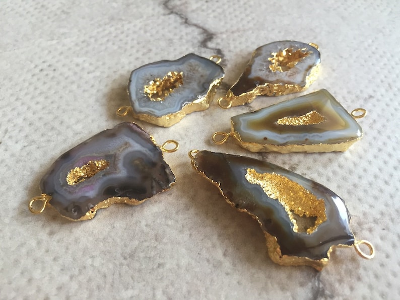 Stalactite Slice Connector 5pcs BrownGrey Electroplated Druzy Connectors Gold Connectors 35mm To 25mm
