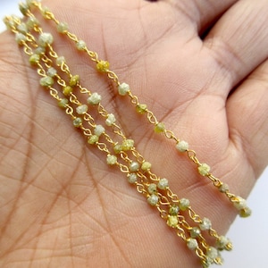 6&quot;/18&quot;/24&quot; Natural Yellow Raw Diamond Beaded Chain Wire Wrapped Yellow Rough Diamond Chain, 925 Sterling Silver/24 KT Gold Plated