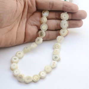 May include: A strand of white crystal beads with a unique, circular, and slightly translucent appearance. Each bead has a center that is slightly darker than the rest of the bead, creating a subtle contrast. The beads are strung on a white cord and are arranged in a simple, elegant pattern.