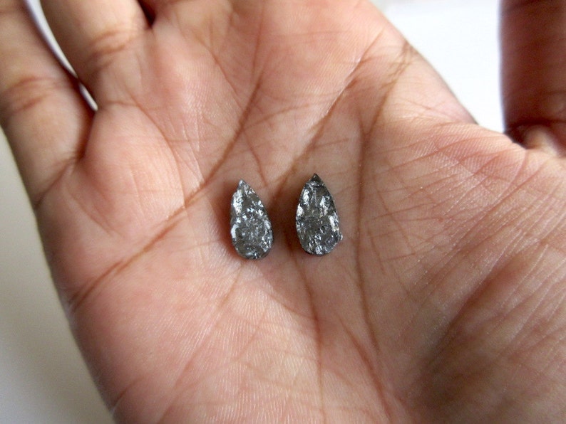 2 Pieces 10mm Matched Pairs Black Laser Cut Raw Rough Diamond Pears Natural Laser Cut Rough Diamond Loose, SKU-DD248 image 4