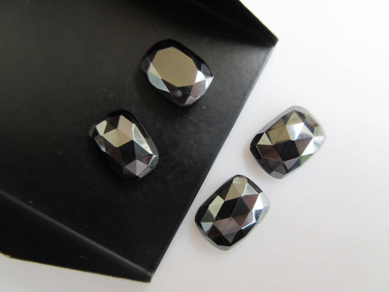 BB458 6 Pieces 14x10mm Calibrated Natural Hematite Cushion Shaped Rose Cut Cabochons Faceted Flat Back Hematite Loose Gem Stone