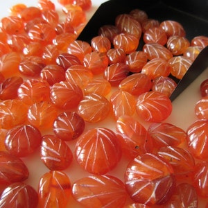 May include: A large pile of orange carnelian gemstones with a carved leaf design. The stones are smooth and polished, and they have a warm, inviting color.