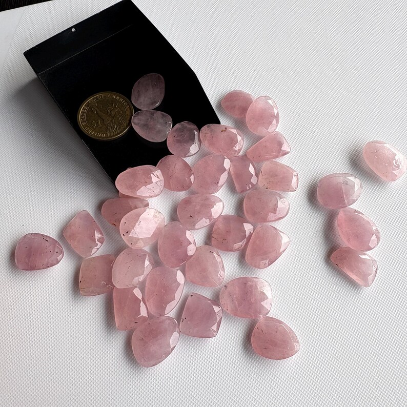 6 Pieces 14mm To 17mm Each Rose Quartz Pink Color Rose Cut Flat Loose Cabochons, Natural Rose Quartz Rose Cut Gemstones loose, RS24 image 2