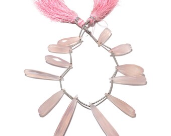 Rose Quartz Pink Chalcedony Long Drops, Faceted Chalcedony, Teardrop Beads, 12 Pieces Approx, 20mm To 52mm, SKU-MS24