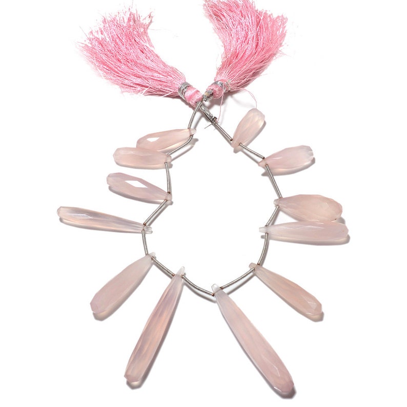 Rose Quartz Pink Chalcedony Long Drops, Faceted Chalcedony, Teardrop Beads, 12 Pieces Approx, 20mm To 52mm, SKU-MS24 image 1