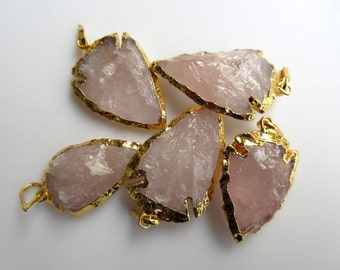 5 Rose Quartz Arrowhead Pendant, Gold Arrowhead Pendant, Electroplated Raw Gemstone Connectors, Huge 35-45mm, SKU-Ah9546