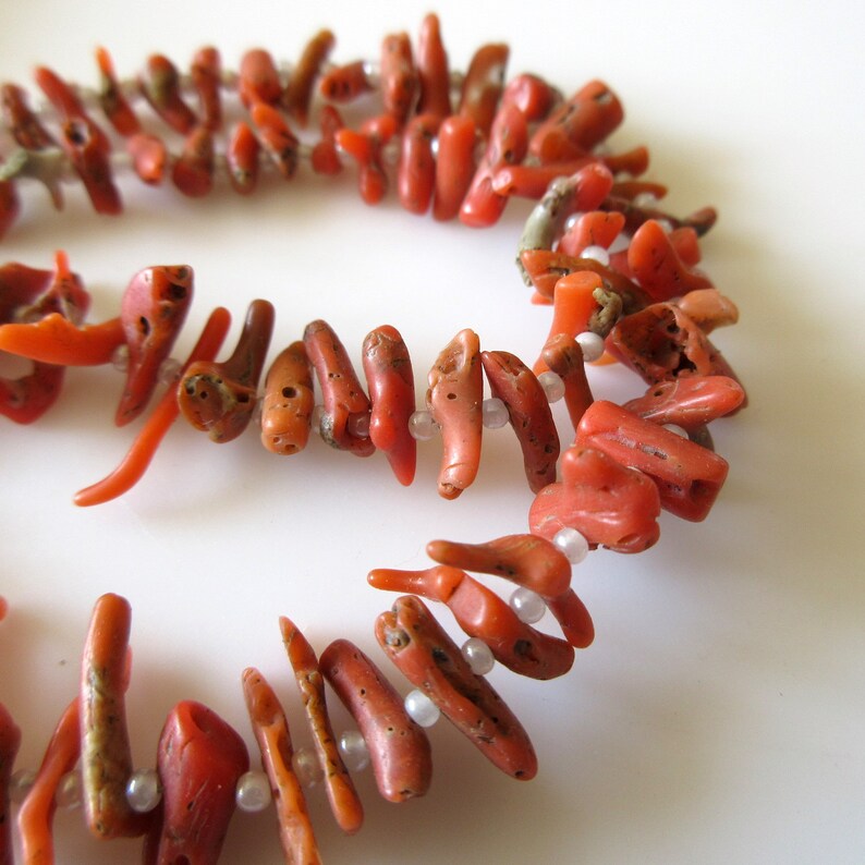 May include: A strand of coral beads with a natural, rough texture. The beads are a vibrant orange-red color and are interspersed with small, white beads.