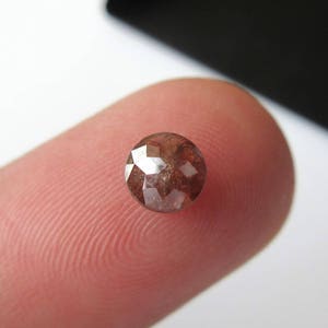 Può includere: Un diamante rotondo, sfaccettato, marrone con taglio a rosa. Il diamante è posto su un dito.