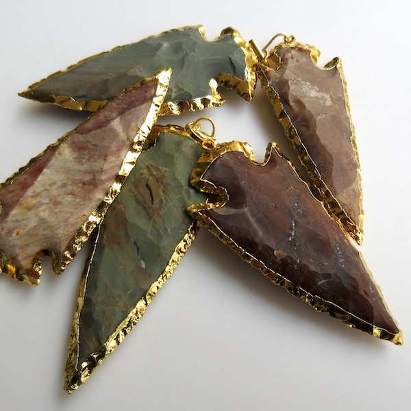 20 pcs Arrowhead Pendant, Jasper Gold Arrowhead Pendant, Electroplated Raw Gemstone Connector Pendant, Huge 60mm, SKU-Ah9578