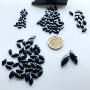 以下が含まれることがあります： 黒色の楕円形の宝石の集まり。いくつかは小さな山に、いくつかは大きなグループになっています。サイズ比較のために、1ドルのアメリカ硬貨が添えられています。