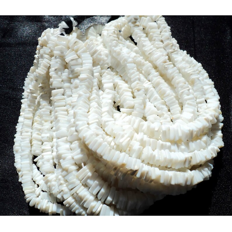 May include: A strand of white shell beads, each bead is rectangular and has a slightly iridescent finish.