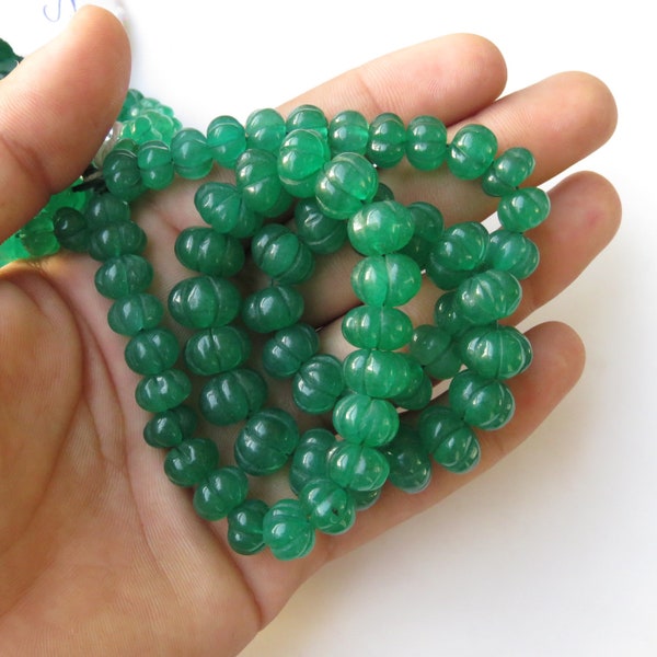 Green Jade Carved Melon Beads, Green Jade Melon Beads, 9mm To 12mm Green Jade Melon Beads, 16 Inch Blue Melon Bead Strand, GDS1412