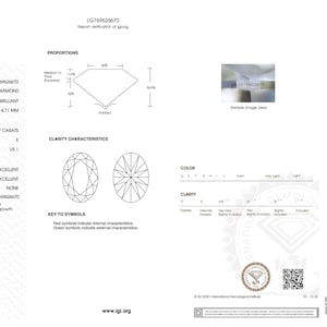 May include: An International Gemological Institute laboratory grown diamond report for an oval brilliant diamond with report number LG769626670. The document lists a 4.07 carat weight, E color grade, VS1 clarity grade, and excellent polish and symmetry.