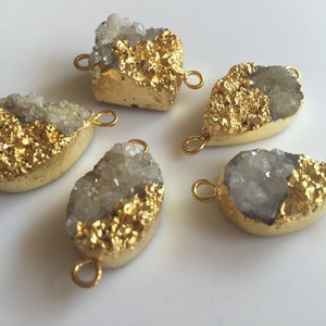5pcs Gold Electroplated White Druzy Connector,  Grey White Druzy Gemstone Connector, Jewelry Connectors, 25mm To 18mm Each