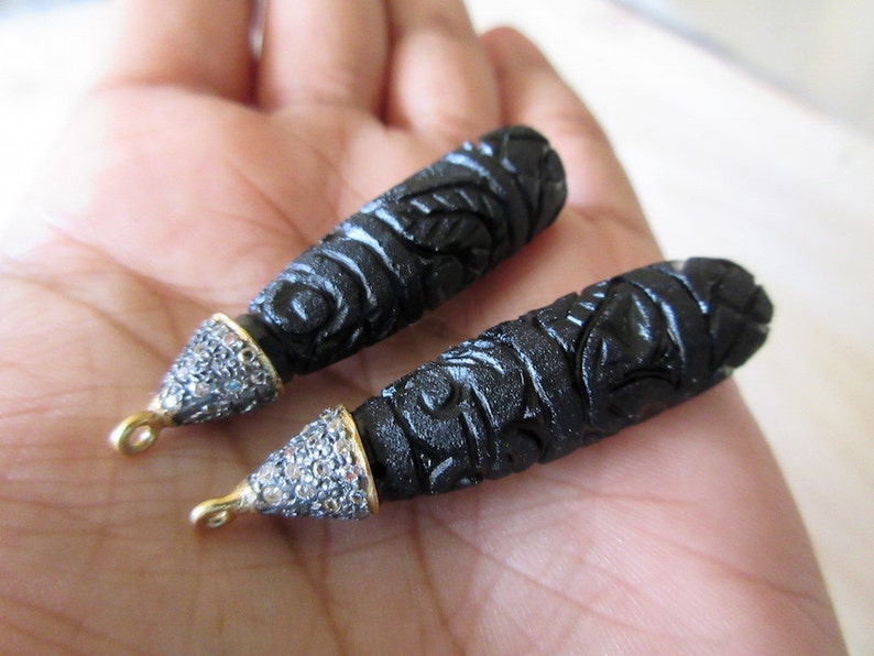 2 Pcs Black Onyx Pave Diamond Oxidised 925 Sterling Silver Etsy