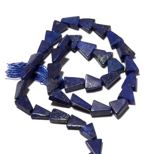 May include: A strand of dark blue triangular lapis lazuli beads with gold flecks. The beads are strung on a cord with a blue tassel.