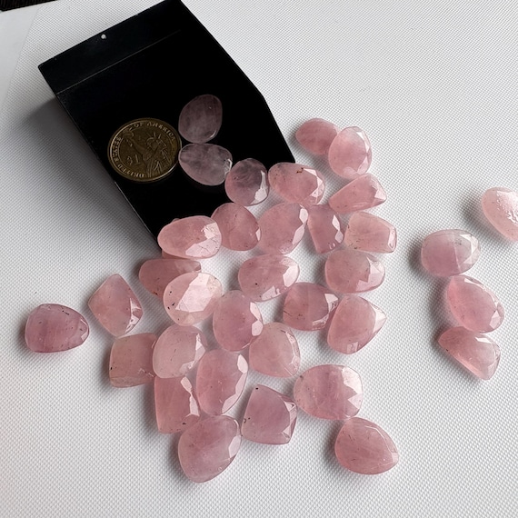 6 Pieces 14mm To 17mm Each Rose Quartz Pink Color Rose Cut Flat Loose Cabochons, Natural Rose Quartz Rose Cut Gemstones loose, RS24