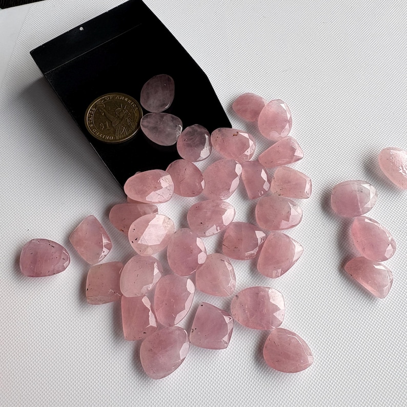 6 Pieces 14mm To 17mm Each Rose Quartz Pink Color Rose Cut Flat Loose Cabochons, Natural Rose Quartz Rose Cut Gemstones loose, RS24 image 1