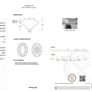 May include: An International Gemological Institute laboratory grown diamond report for an oval brilliant diamond. The document lists a 3.03 carat weight, D color grade, and VS1 clarity grade, with measurements of 13.91 x 7.74 x 4.57 mm and report LG770612119.