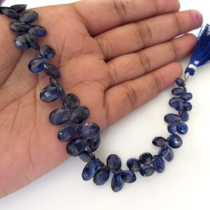 May include: A strand of dark blue gemstone beads, oval shaped, with a tassel at the end. The beads are strung on a thin wire.