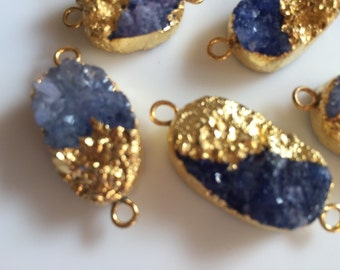 5pcs Gold Electroplated Blue Druzy Connector, Gemstone Connector, Jewelry Connector, 25mm To 18mm Each