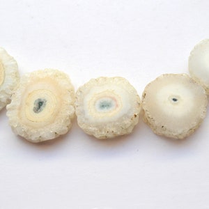 May include: Five white agate slices with a circular pattern of concentric rings. The center of each slice has a different color, including green, pink, and black.