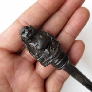 5 Pieces Ebony Wood Laughing Buddha Hand Carved Hair Fork, Natural Wood Hair Stick, Wooden Hair Accessories, 1 Prong Hair Fork, GDS1042/17