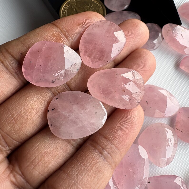 6 Pieces 14mm To 17mm Each Rose Quartz Pink Color Rose Cut Flat Loose Cabochons, Natural Rose Quartz Rose Cut Gemstones loose, RS24 image 3