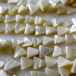 May include: A strand of white and cream-coloured triangle-shaped shell beads. The beads have a pearlescent sheen and are strung together on a clear thread.