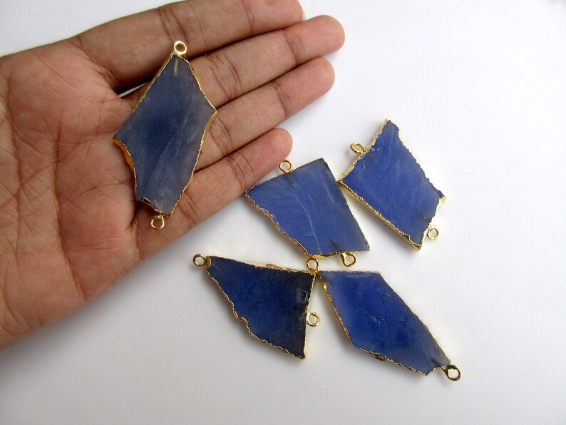 50mm To 30mm Approx Raw Gemstone Slice Connectors 5 Pieces Blue Chalcedony Connectors SKU-OS2 Electroplated Connector