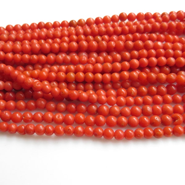 Perles rondes de corail naturel italien, Perles rondes de corail italien originales, Perles de corail rondes de 3 mm/4 mm, 35 cm de fil, GDS1338