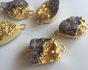 6pcs Gold Electroplated Grey Druzy Connector, Gemstone Connector, Jewelry Connector, 25mm To 18mm