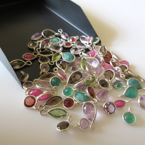 20 Pieces Multi Gemstone Cabochon Connectors, 925 Sterling Silver Connectors, Single Bail Bezel Connectors, SKU-4075