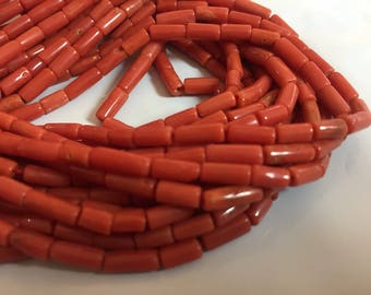 Natural Italian Coral Tube Beads, Original Italian Red Coral Beads, 5mm To 7mm Each Approx. 17 Inch Strand, GFJ504