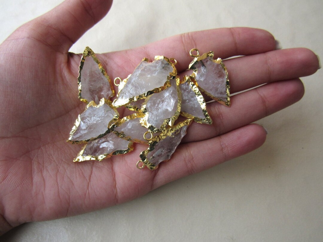 5 Raw Crystal Arrowheads, 5 Pieces, Electroplated With Gold Edge Pendant Connectors, Raw