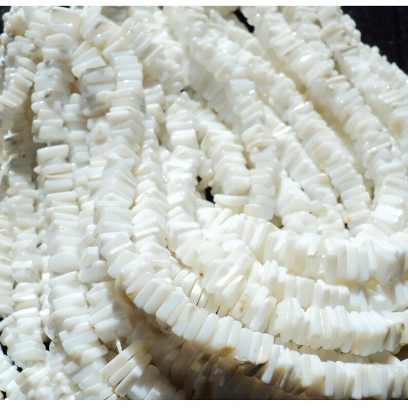 May include: A strand of white shell beads, each bead is a rectangular shape with a slightly irregular edge. The beads are strung together on a white thread.