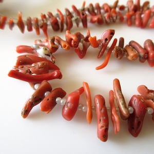 May include: A strand of coral beads with small white beads interspersed throughout. The coral beads are a deep orange-red color and have a rough, natural texture.