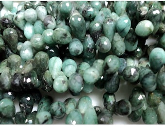 11mm Each Emerald Briolette Beads, Faceted Teardrop Gemstone Beads , Sold As 4 Inches And 8 Inches
