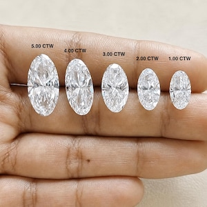 May include: Five oval-cut clear gemstones arranged by size, labeled 5.00 CTW, 4.00 CTW, 3.00 CTW, 2.00 CTW, and 1.00 CTW. Each stone features a faceted surface that reflects light, showcasing a brilliant, colorless appearance in a graduated sequence.