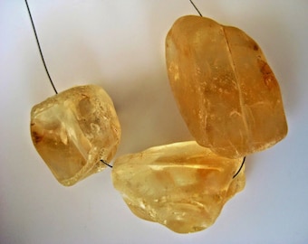 Citrine Stone, Citrine Rough Stone, Large 1mm Hole Raw Citrine Stone Bead, Raw Gemstones, 3 Pieces, 22 To 25mm Each