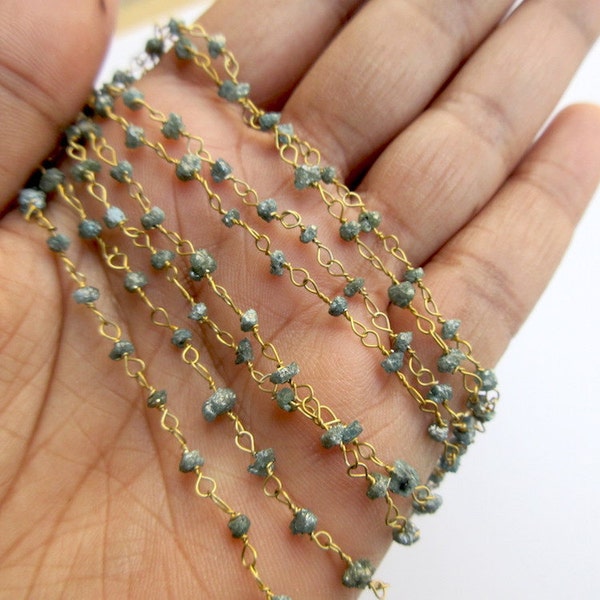 6"/18"/24" Blue Raw Diamond Beaded Chain Wire Wrapped Blue Rough Diamond Chain, 925 Sterling Silver/24 KT Gold Plated Conflict Free