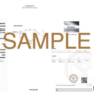 May include: A white International Gemological Institute laboratory grown diamond report document with black text, a diamond proportion diagram, and the word SAMPLE overlaid in large brown letters. It lists report number LG640454237.