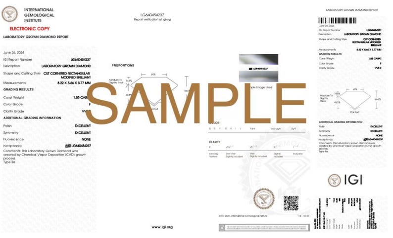 May include: A white International Gemological Institute laboratory grown diamond report document with black text, a diamond proportion diagram, and the word SAMPLE overlaid in large brown letters. It lists report number LG640454237.